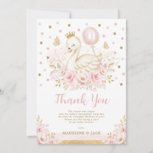 Pink Gold Swan Princess Balloon Girl Baby Shower Thank You Card