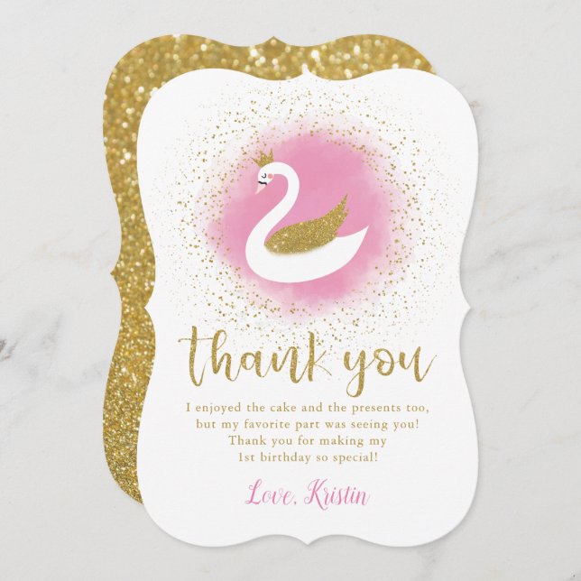 Pink Gold Swan Princess Birthday Thank You Card (Front/Back)