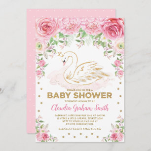 Pink Gold Swan Princess Girl Baby Shower Invitation