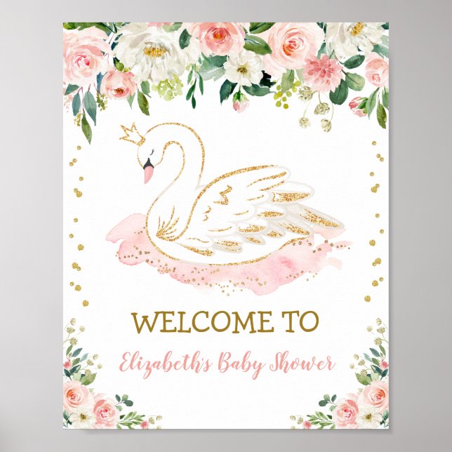Pink Gold Swan Princess Girl Baby Shower Welcome Poster (Front)
