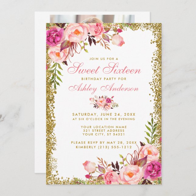 Pink Gold Sweet 16 Birthday Invite -  Photo Back (Front/Back)