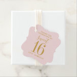 Pink Gold Sweet 16 Photo Name Thank You Birthday Favour Tags<br><div class="desc">Rose gold blush pink Sweet 16 birthday party favour tags, personalised with the party girl's custom "thank you for celebrating my sweet 16" message and name, plus her photo on the back of the elegant fancy bracket shape card. Colours are editable using the design editor, click 'customise further' to match...</div>