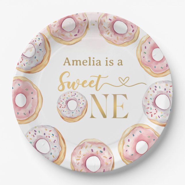 Pink Gold Sweet One Doughnut Birthday Paper Plates (Front)