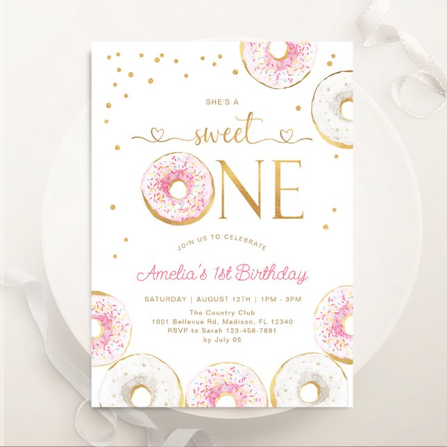 Pink Gold Sweet One Doughnuts 1st Birthday Invitation (Creator Uploaded)