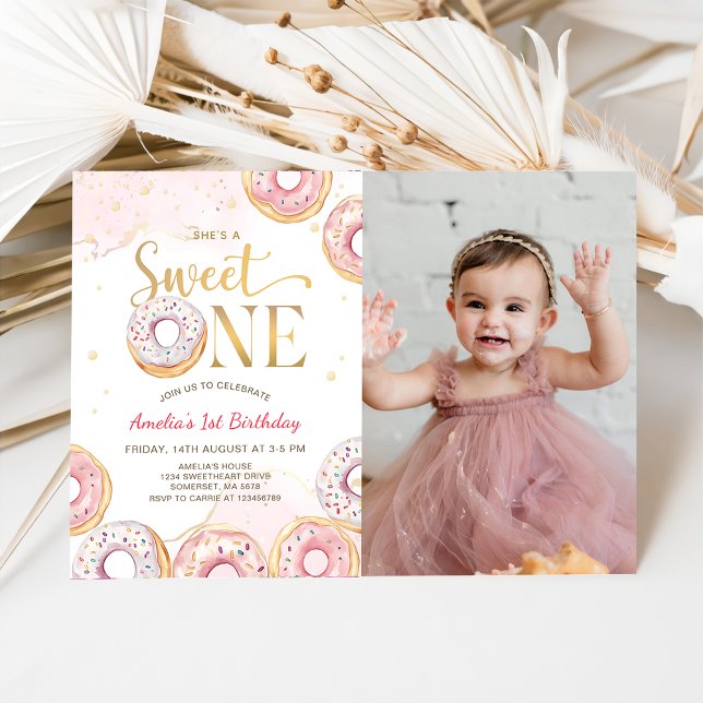 Pink Gold Sweet One Doughnuts 1st Birthday Photo Invitation (Creator Uploaded)