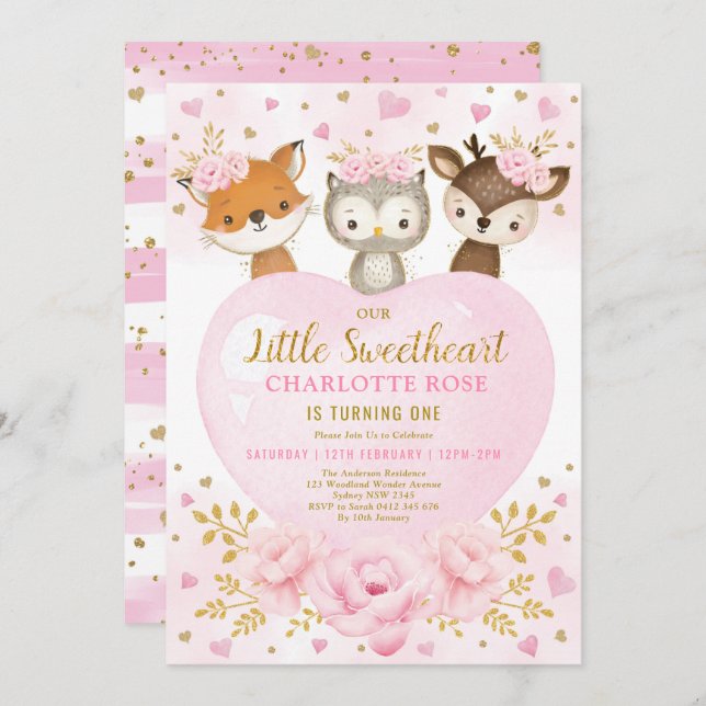 Pink Gold Sweetheart Woodland Animals Birthday Invitation (Front/Back)