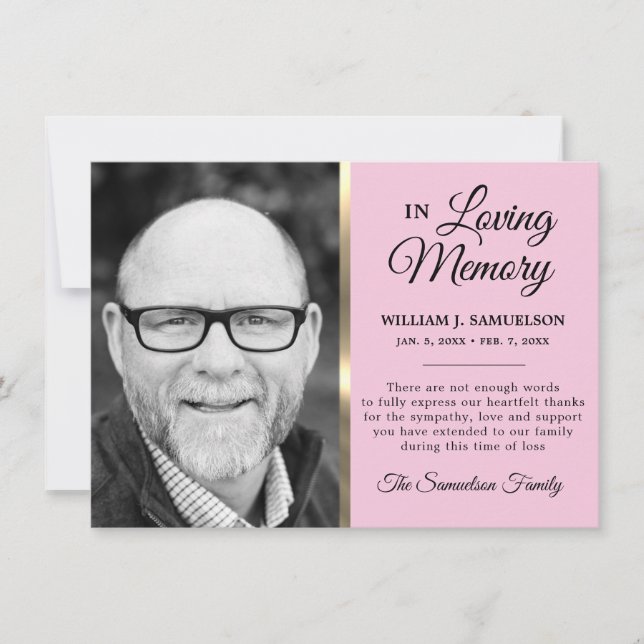 Pink Gold Sympathy Funeral Memory THANK YOU Photo (Front)