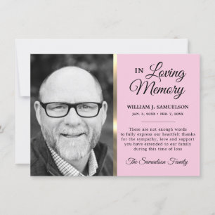 Pink Gold Sympathy Funeral Memory THANK YOU Photo Card