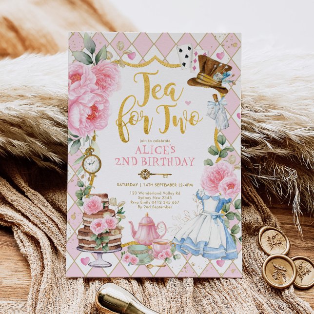 Pink Gold Tea for Two Alice in Wonderland Birthday Invitation (Creator Uploaded)