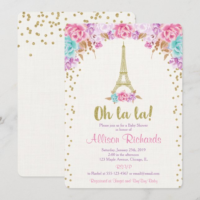 Pink gold teal Paris baby shower invitation girl (Front/Back)