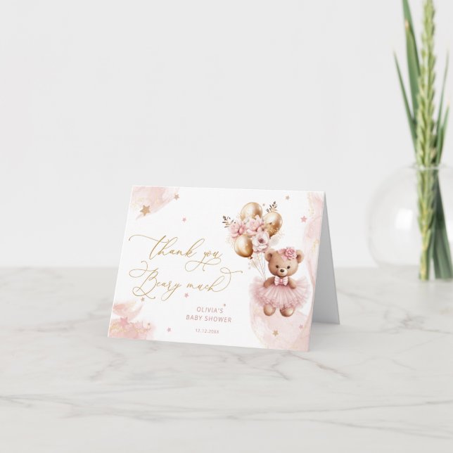 Pink Gold Teddy Bear Balloon Baby Girl Thank You (Front)