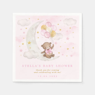 Pink Gold Teddy Bear Balloons Moon Stars Clouds Napkin