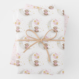 Pink Gold Teddy Bear Balloons Moon Stars Party Wrapping Paper Sheet