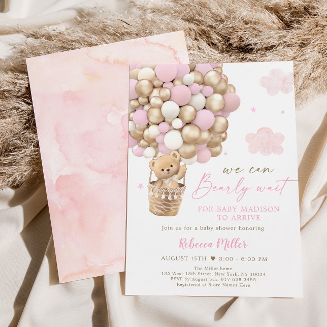 Pink Gold Teddy Bear Hot Air Balloon Baby Shower Invitation (Creator Uploaded)
