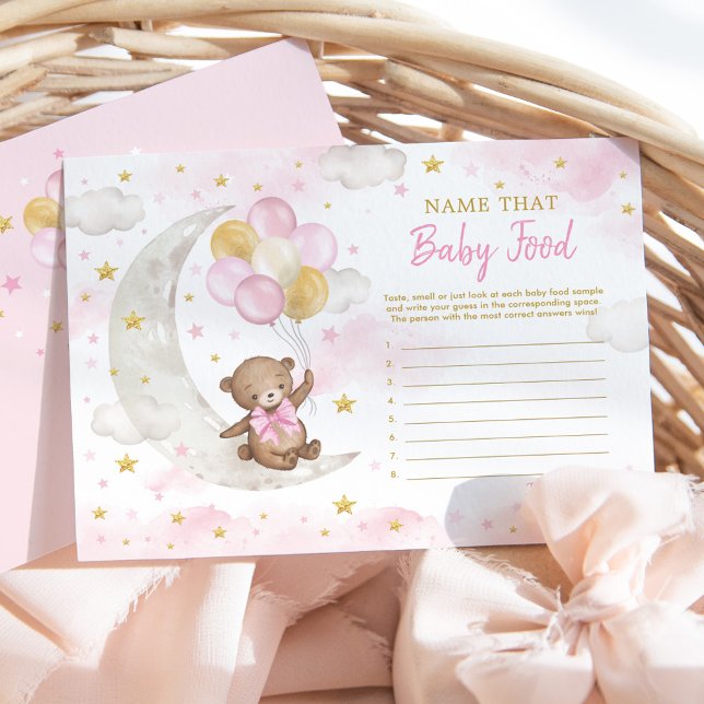 Pink Gold Teddy Bear Moon Name Baby Food Game Card (Creator Uploaded)