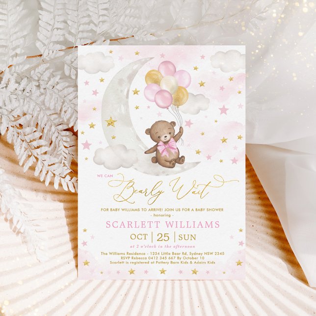 Pink Gold Teddy Bear Moon Stars Baby Girl Shower Invitation (Creator Uploaded)