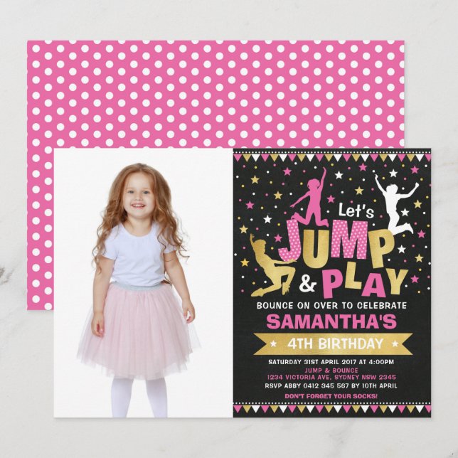 Pink Gold Trampoline Jump Bounce Birthday Party Invitation (Front/Back)