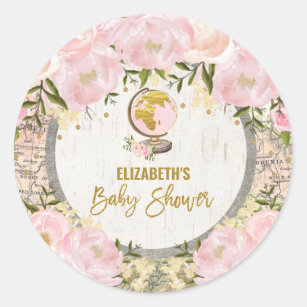 Pink Gold Travel Map Baby Shower Favors Classic Round Sticker