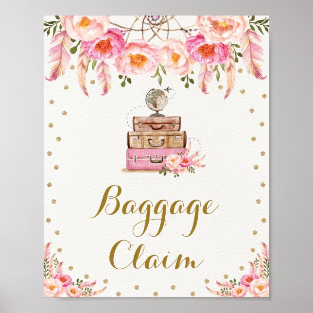 Pink Gold Travel Miss to Mrs Floral Baggage Claim Poster (Front)