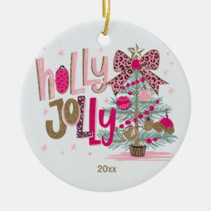 Pink Gold Tree Holly Jolly Christmas Ceramic Ornament
