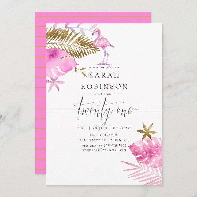 Pink & Gold Tropical Flamingo 21st Birthday Party Invitation (Front/Back)