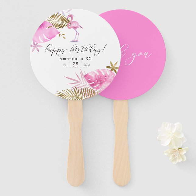 Pink & Gold Tropical Flamingo Any Age Birthday Hand Fan (Front and Back)