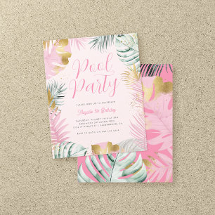 Pink & Gold Tropical Leaves Birthday Pool Party
