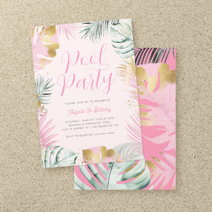 Pink & Gold Tropical Leaves Birthday Pool Party Invitation
