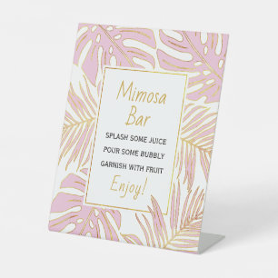 Pink, gold tropical leaves wedding bridal shower pedestal sign