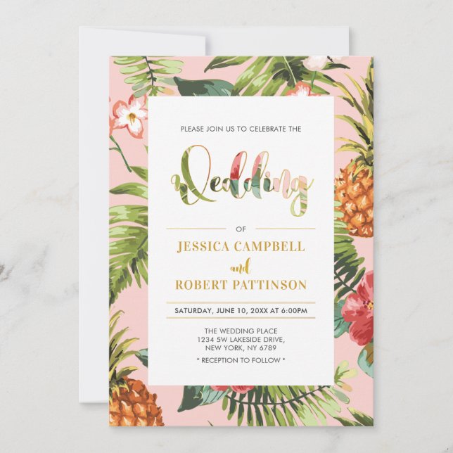 Pink & Gold | Tropical Summer Wedding Invitation (Front)