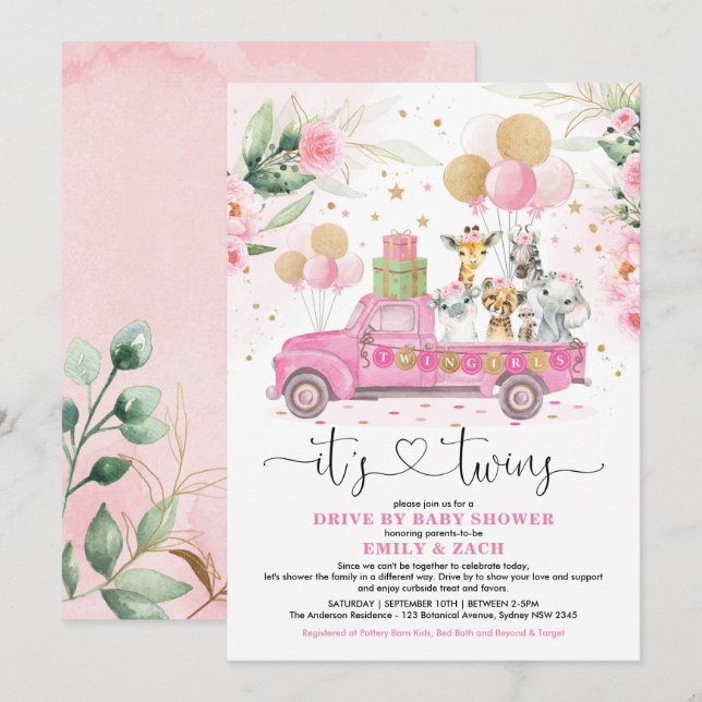 Pink Gold Twin Girls Safari Drive By Baby Shower Invitation (Front/Back)