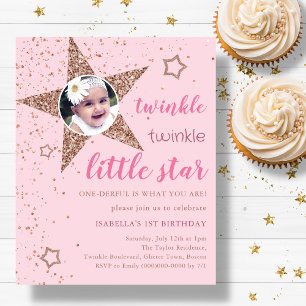Pink & Gold Twinkle Star 1st Birthday Invitation