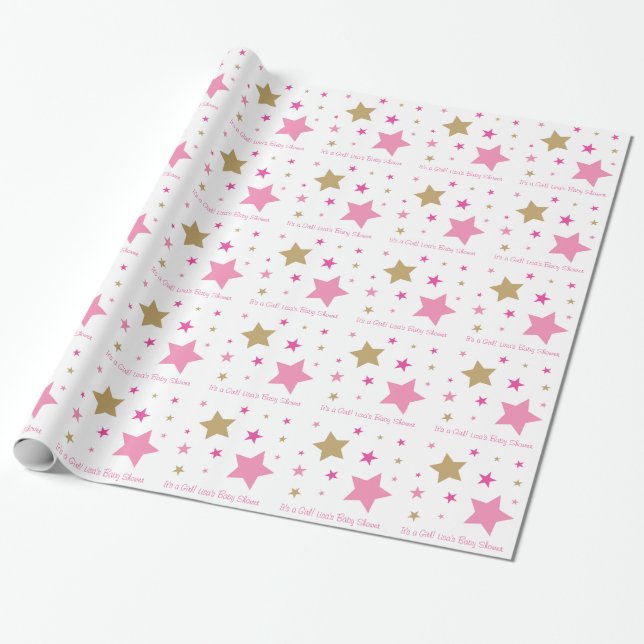 Pink & Gold Twinkle Star Baby Shower Wrapping Paper (Unrolled)