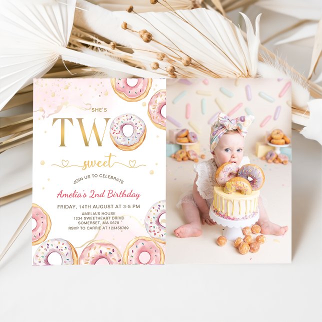 Pink Gold Two Sweet Doughnuts 2nd Birthday Photo Invitation (Creator Uploaded)