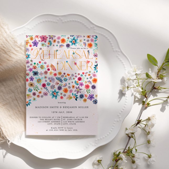Pink Gold Typography Boho Floral Wedding Rehearsal Invitation (Front)