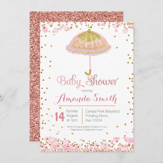 Pink Gold umbrella baby shower invitation (Front/Back)