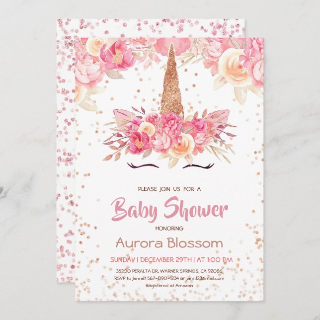 Pink & Gold Unicorn Baby Shower Invitation (Front/Back)