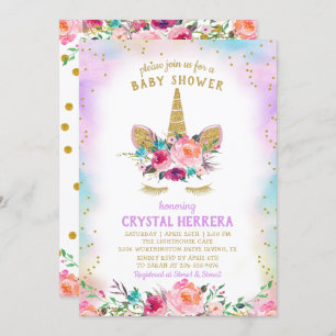 Pink & Gold Unicorn Beautiful Floral Baby Shower Invitation