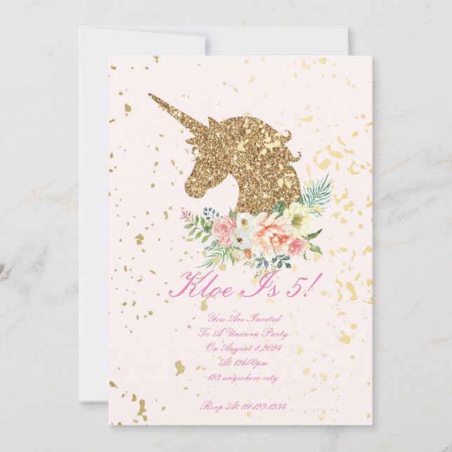Pink Gold unicorn birthday invitation  (Front)