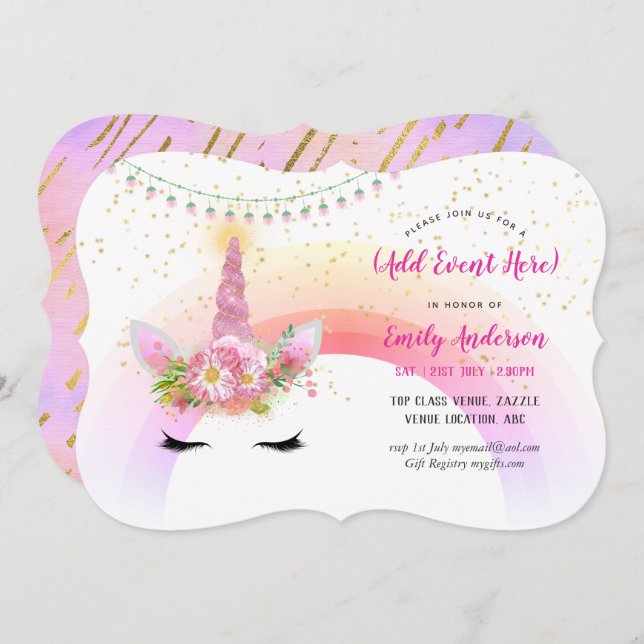 Pink Gold Unicorn Face Invitations ANY EVENT (Front/Back)