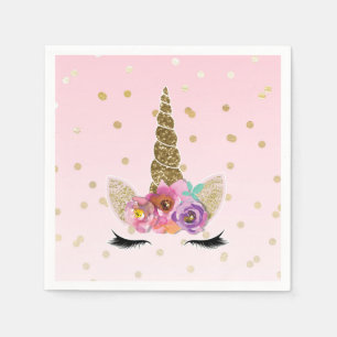 Pink & Gold Unicorn Floral Horn Birthday Party Napkin