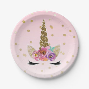 Pink & Gold Unicorn Floral Horn Birthday Party Paper Plate