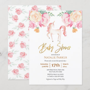 Pink Gold Unicorn Floral Watercolor Baby Shower Invitation