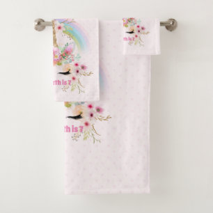 Pink Gold UNICORN Rainbow Flowers Girls NAMED Gift Bath Towel Set
