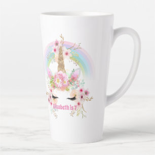 Pink Gold UNICORN Rainbow Flowers Girls NAMED Gift Latte Mug