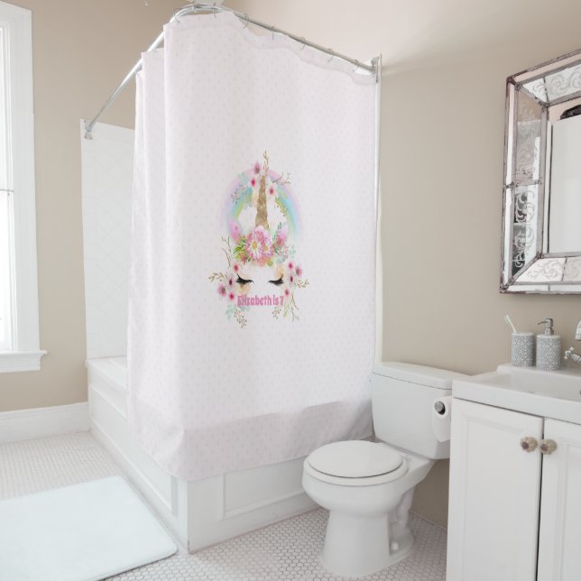 Pink Gold UNICORN Rainbow Flowers Girls NAMED Gift Shower Curtain (In Situ)
