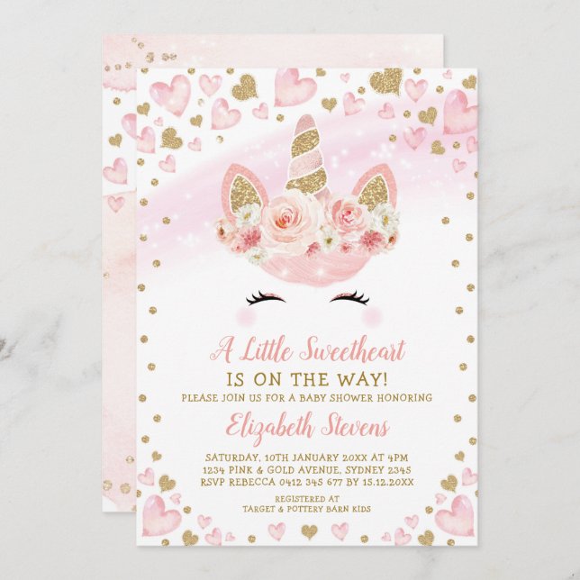 Pink Gold Unicorn Sweetheart Baby Shower Magical Invitation (Front/Back)