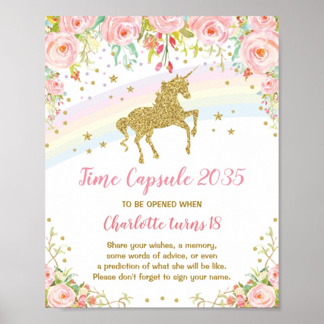 Pink Gold Unicorn Time Capsule First Birthday Sign (Front)