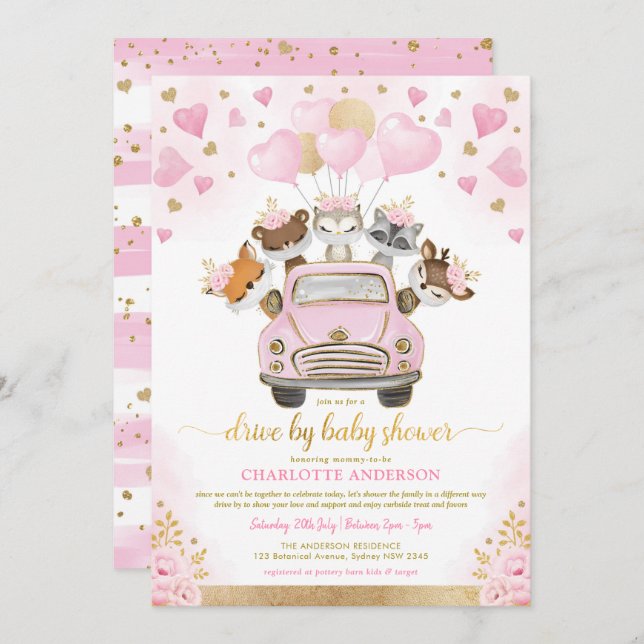 Pink Gold Valentines Woodland Drive By Baby Shower Invitation (Front/Back)