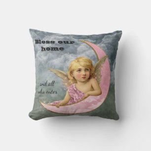 Pink & Gold Vintage Angel Bless Our Home Pillow
